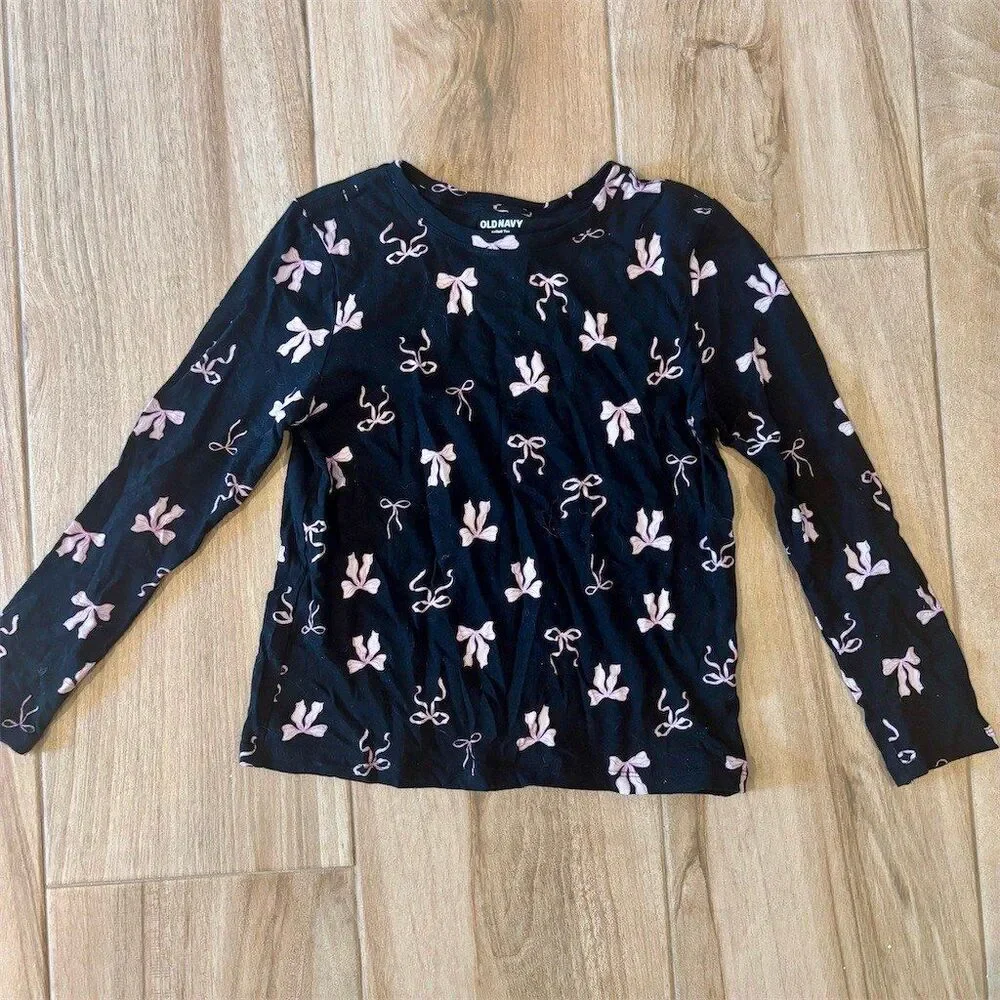 Old Navy Girls Long Sleeve Crew Neck T-Shirt Black Pink Bow Print Size M 8